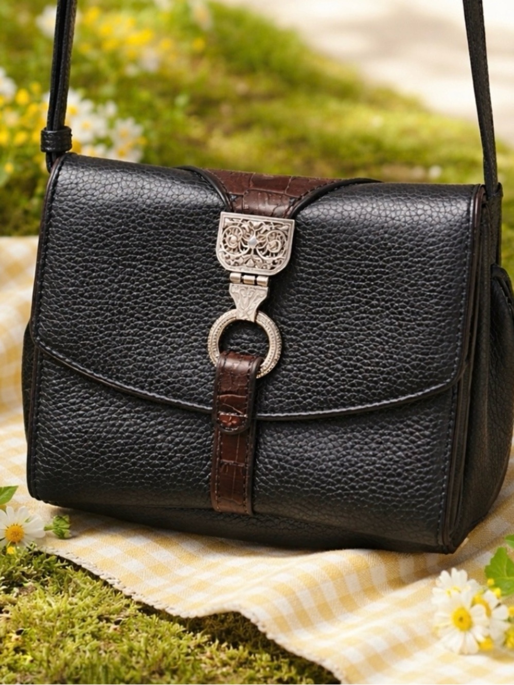 Brighton Black and Brown Pebbled Leather Crossbody with Silver Accent